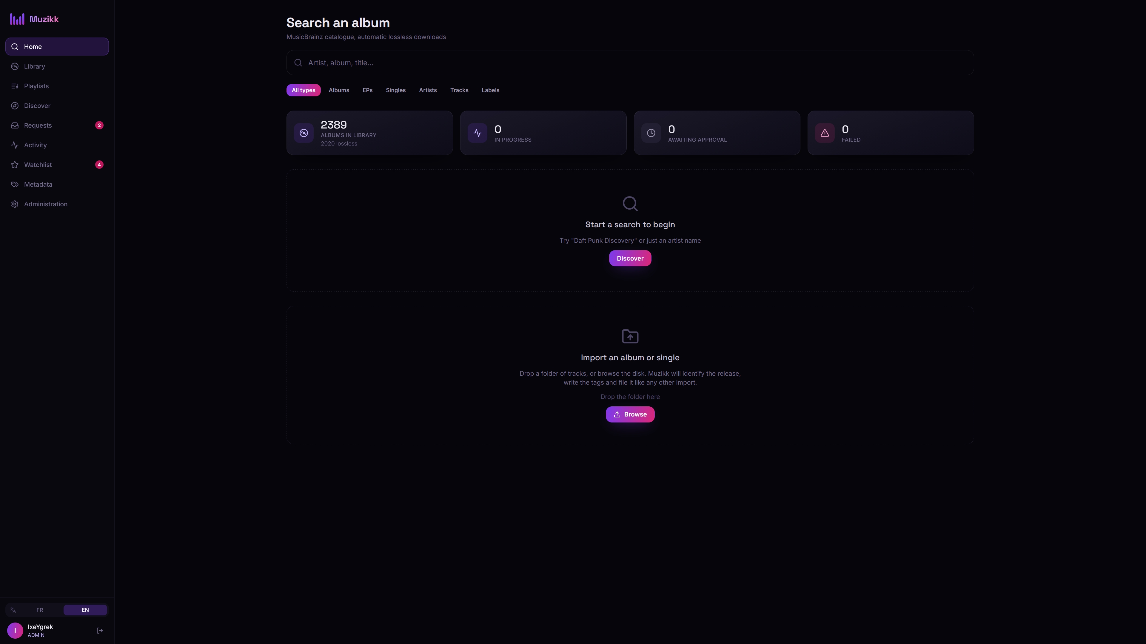 The home page: one search field for albums, artists, tracks and labels.