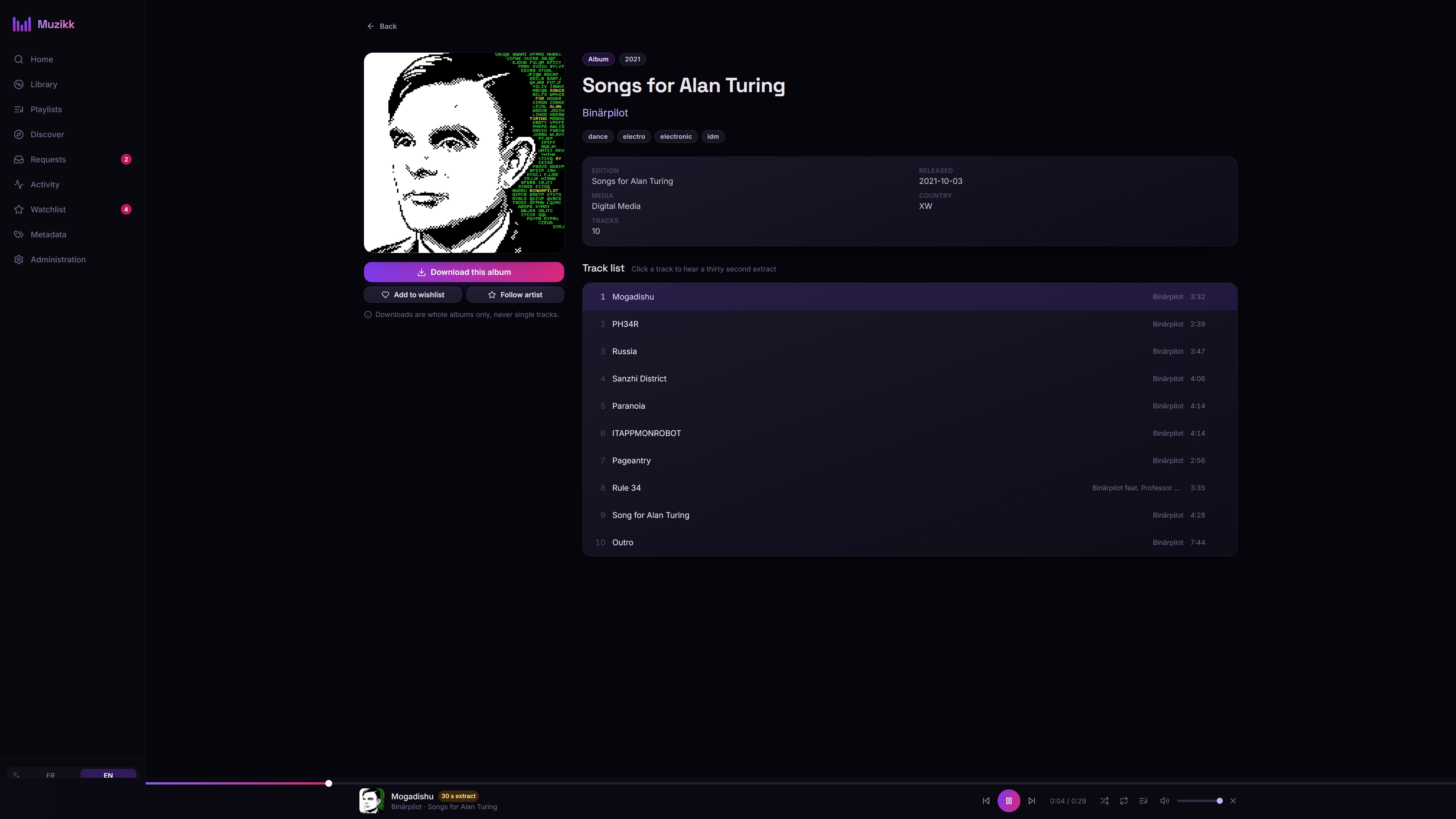 An album page: editions, tracklist, playback and the request button.